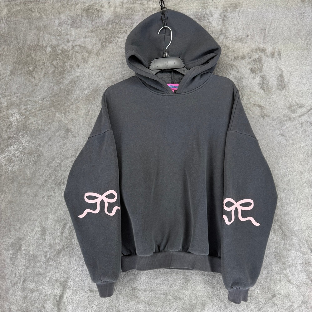 Edikted Womens Charcoal Grey Pink Bow Sleeve Fleece Hoodie Sweatshirt Small